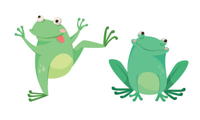 Fototapeta premium Playful Cartoon Frogs Illustrated in a Vibrant Green Color Palette for Fun and Cheerfulness