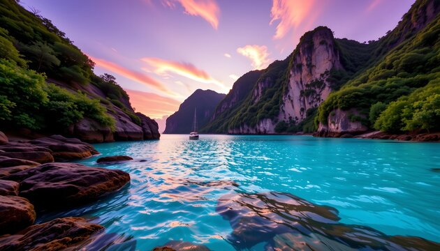 hidden beach, palawan, philippines, vibrant coral reef, turquoise water, limestone cliffs, lush jungle backdrop, golden hour, soft lavender hues, hyperrealistic, detailed textures, warm light