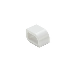 A single new white plastic adhesive cable management clip, small, compact, and minimalist, isolated on a pure transparent background with studio lighting and no shadows from a slightly high angle,