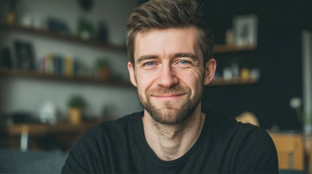 portrait of adult European softly smiling man is 30 years old wearing black T-shirt at living room background