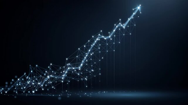 Abstract glowing arrow composed of connected digital nodes rising upward on a dark background. Concept of growth, data analytics, business success and financial progress
 - Powered by Adobe