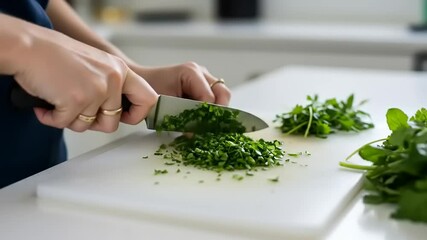 Person chopping fresh herbs on a cutting board in a modern kitchen with soft lighting - Powered by Adobe