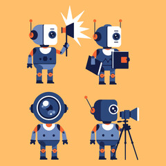set minimalist geometric flat vector design of mini photographer robots