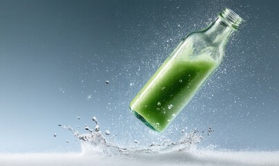 Green liquid bottle suspends above frozen splash in air