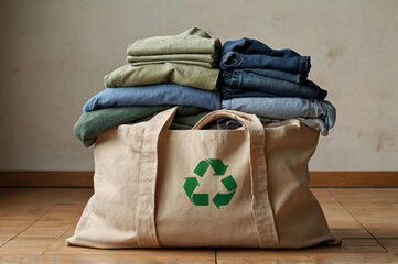 Folded clothes in canvas bag with recycling symbol green symbol denim