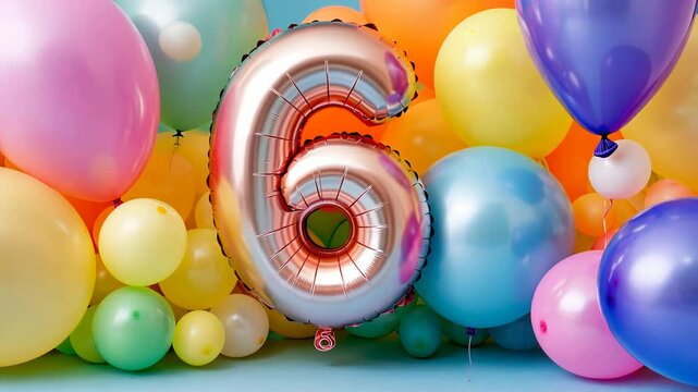 Vibrant balloon celebration with metallic number six among colorful party balloons
