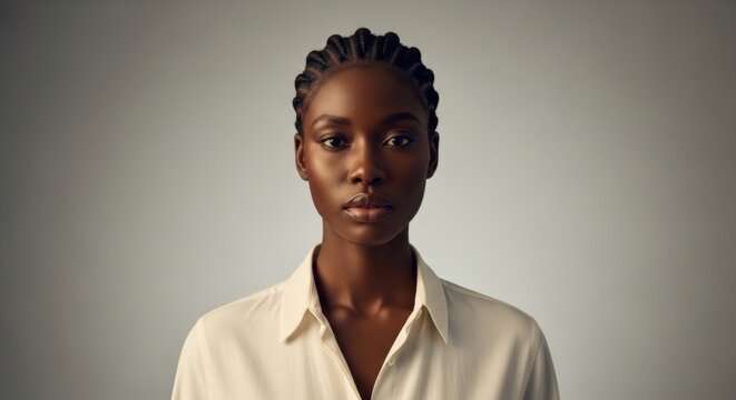 Headshot of a striking young Black woman with cornrow braids, wearing a simple, elegant beige shirt, and looking directly at the camera with a calm and composed expression on a light grey background.