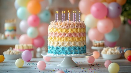 Vibrant rainbow themed birthday cake and