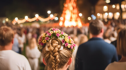Back View of Woman with Braided Hair and Flower Crown at Kupala Night Bonfire Festival, Festive Summer Celebration