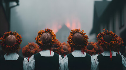 Women in Traditional Attire with Flower Wreaths, Celebrating Kupala Night with Fire and Fog in Rural Setting