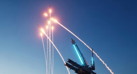 A futuristic missile defense system actively launching multiple glowing projectiles, leaving dynamic light trails against a clear twilight sky.