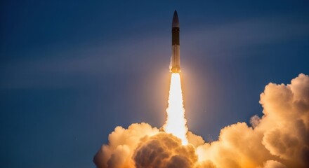 A sleek rocket blasting off from a launchpad into the early evening sky, creating a colossal cloud of smoke and a brilliant flame, representing space exploration and technological advancement.