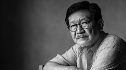 thoughtful ethnographer portrait positioned on left side of frame with clean neutral background