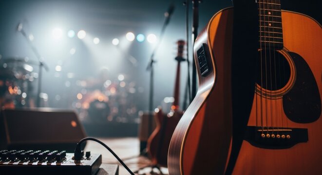 An acoustic guitar stands prominently on a concert stage, with other instruments, microphones, and bright stage lights blurred in the background, setting a moody scene for live music. - Powered by Adobe