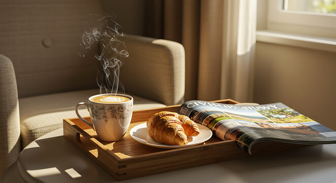 Steaming Coffee Cup and Croissant on Tray.