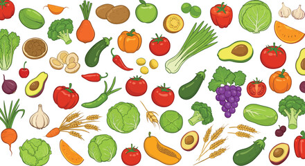 Colorful Food Group Illustration – Fruits, Vegetables, Meats, Dairy & Grains