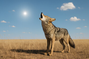 Wild Coyote Howling in the Open Prairie Under Bright Sunlight for Wildlife and Nature Photography