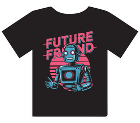 Retro Robot 'Future Friend' T-Shirt Design" or "Vintage Style Robot and Sunset Graphic Tee