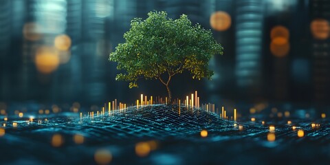 Tree Surrounded by Digital Landscape and Glowing Data Visualizations