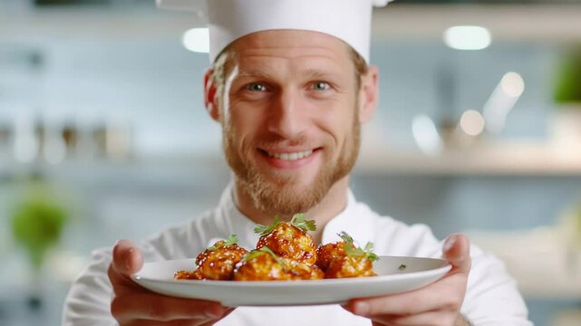 Smiling chef presenting culinary masterpiece in modern kitchen setting