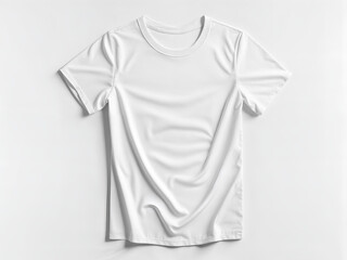 Realistic high-resolution image of a plain white T-shirt, unfolded and slightly draped, showing natural fabric movement, isolated on a pure plain white cyclorama, even studio lighting.