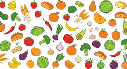 Colorful Food Group Illustration – Fruits, Vegetables, Meats, Dairy & Grains