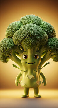 Naklejki Cartoon broccoli character, green hue, smiling face, standing against a gold background, showcasing healthy eating and playful food concepts