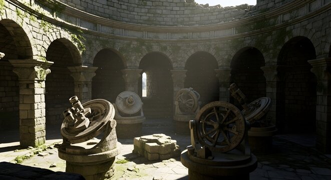 Ancient Observatory interior with weathered stone structures and subtle sunbeams casting light on aging architecture inside the hall.