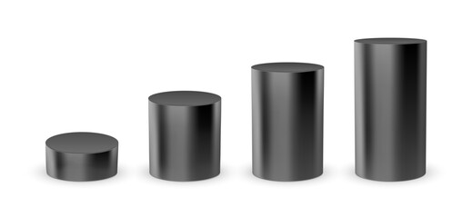 Black 3d cylinder podium pillar pedestal base. Black 3d platform isolated on white background.
