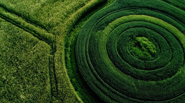 Discovering the beauty of rotational crop circle fields contrasting lush grass with golden grain