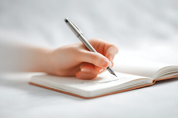 Minimal Journaling Scene with Hand and Notebook on Clean Background