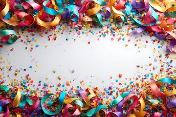 Cheerful confetti and ribbons frame on crisp white canvas  
