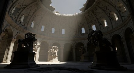 Grand ruined hall, celestial observatory, with architectural details and sunlight beaming through opening, evokes history and decay.