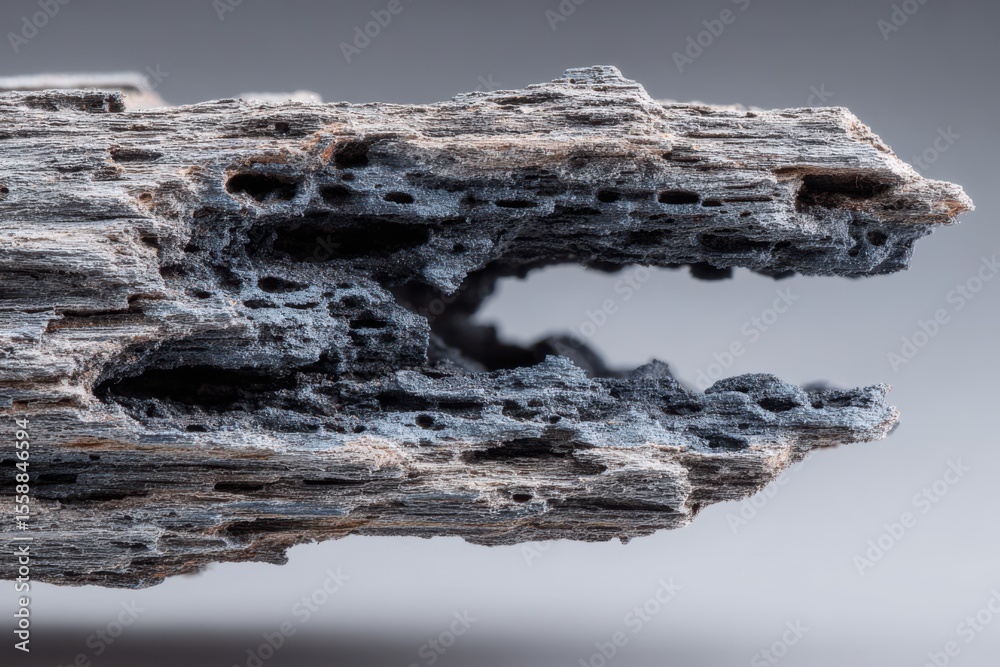 Poster exploring the intricate textures and forms of burned charcoal fragments illuminated by soft grey lig