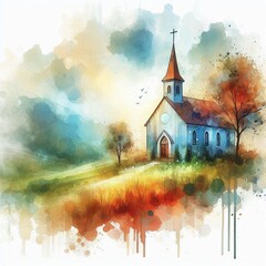 White Chapel in Vast Green Landscape. AI generated illustration
