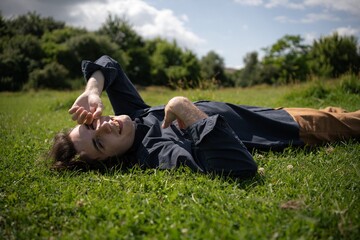 Relaxing in sunshine while enjoying nature on a grassy field surrounded by trees during a bright day