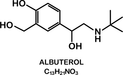 Chemical structure of salbutamol or albuterol. Relievers inhalers active molecule.