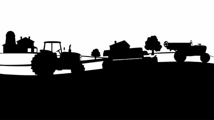 Fototapeta premium Silhouette of farm landscape featuring tractors, farm buildings, and trees against a white background