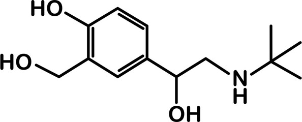 Chemical structure of salbutamol or albuterol. Relievers inhalers active molecule.