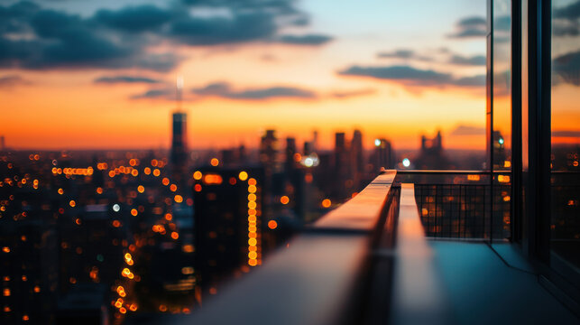 Modern city view at sunset from glass balcony with blurred skyline perfect for urban lifestyle inspiration business and real estate ads - Powered by Adobe