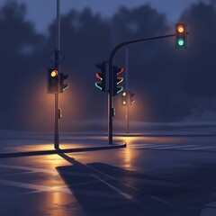 Misty Night Intersection Digital Painting of Traffic Lights