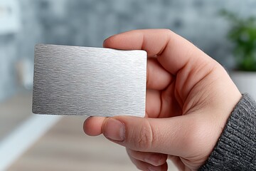 Hand grasping brushed metallic blank card with clean design  
