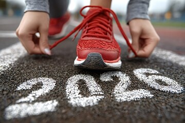 Close up of hands tying red running shoes on a track with 2026 painted on it, symbolizing preparation and determination for a future marathon or athletic event
