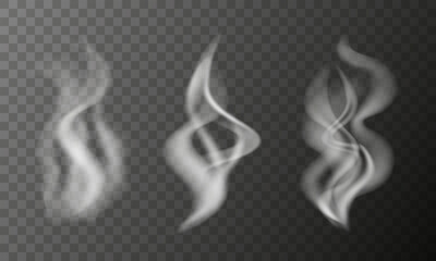 Realistic Steam smoke effect vector set. Transparent white fog and vapor overlays design elements.