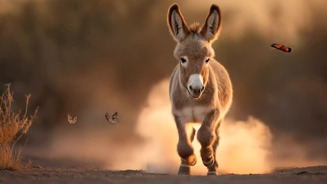 A joyful donkey foal running under butterflies in warm afternoon light