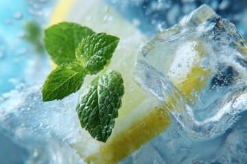Refreshing summer lemonade with vibrant mint leaves and glistening ice cubes capturing a moment of cool delight