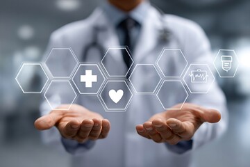 Medical doctor presenting a futuristic interface featuring healthcare icons such as heartbeat symbols, first aid kits, and iv drips, illustrating innovation in medical technology