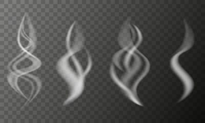 Realistic smoke, steam illustration set with soft flowing shapes and transparent textures. Overlays, special effects, hot drinks, cooking fume waves