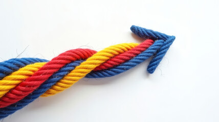 Group of Colorful Ropes Coming Together to Form Direction Arrow Teamwork Concept
