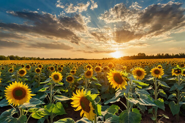 Fototapeta premium Golden sunflowers bathed in warm sunset light field yellow